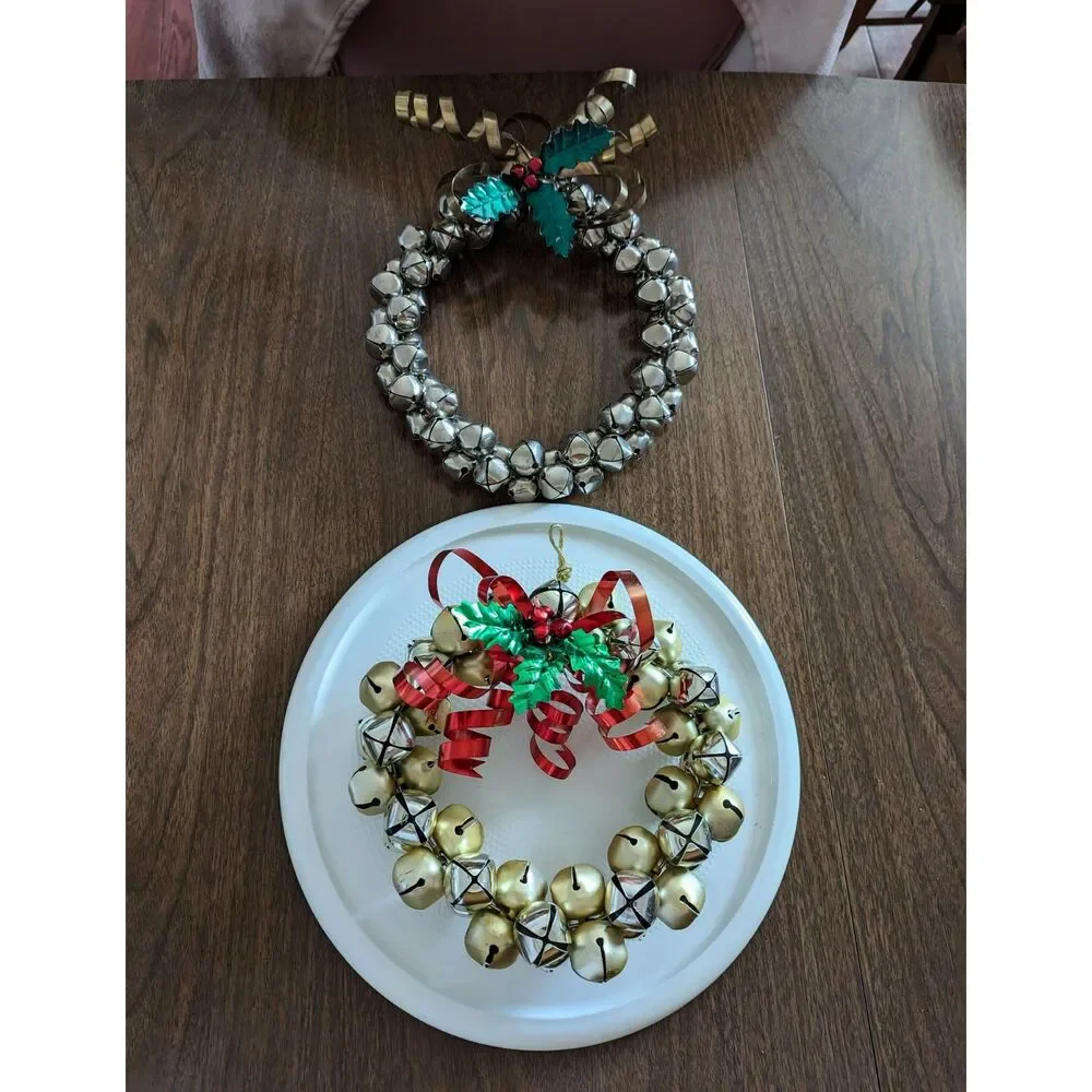 Bundle of two (2) Christmas hanging jingle sleigh bell metal wreaths